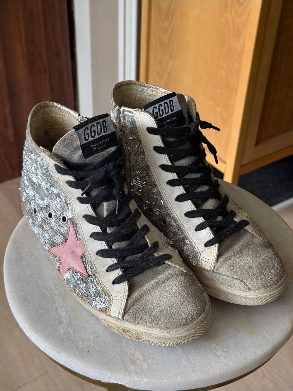 Silver Sequin High-Top Golden Goose Sneakers with Pink Star - Picture 2 of 5